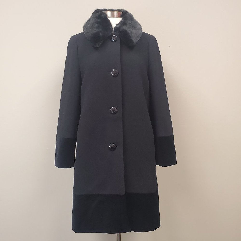 Kate Spade New York Wool Blend Black Coat Faux Fur Collar Velvet Trim Sz 10